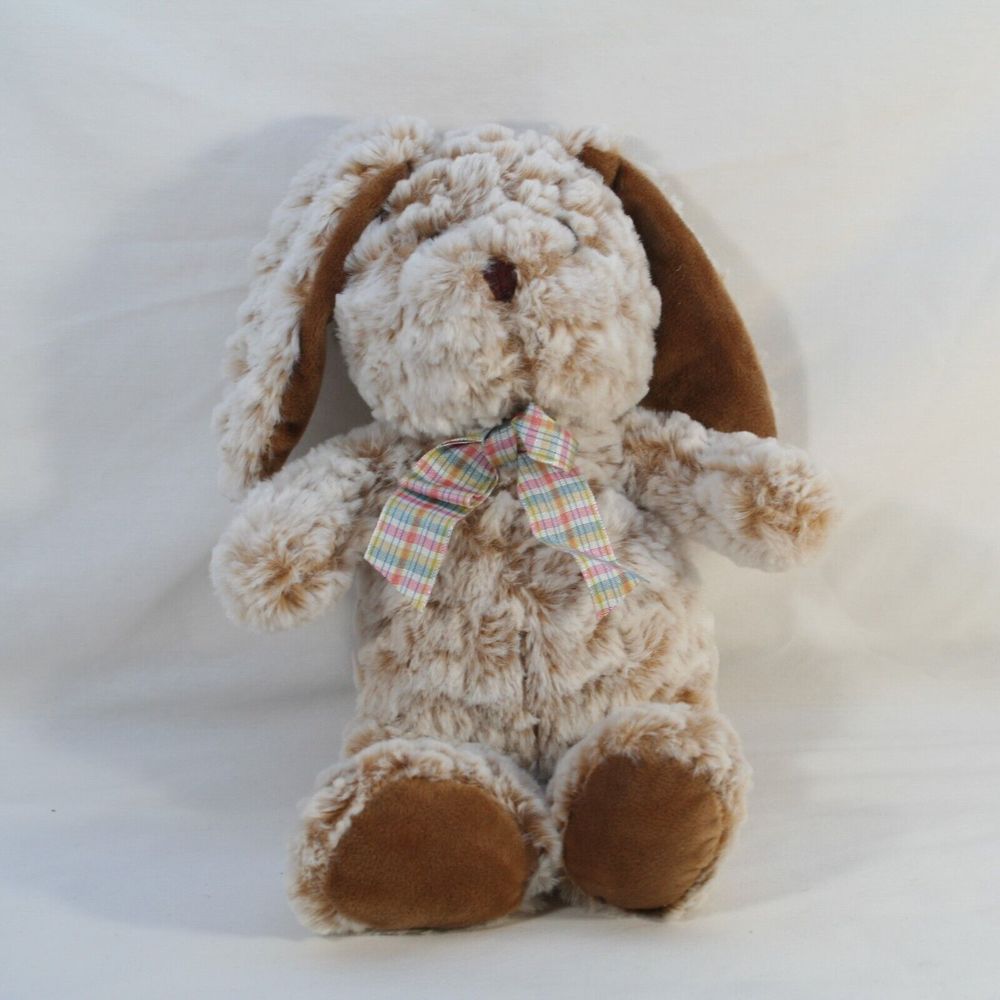 Homerbest Brown Bunny Rabbit Plush 13" Stuffed Animal Frosted Lop Ear Plaid Bow